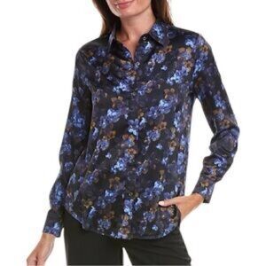 Elie Tahari Navy Blue Floral Long Sleeve Satin Button Up Blouse Top S
